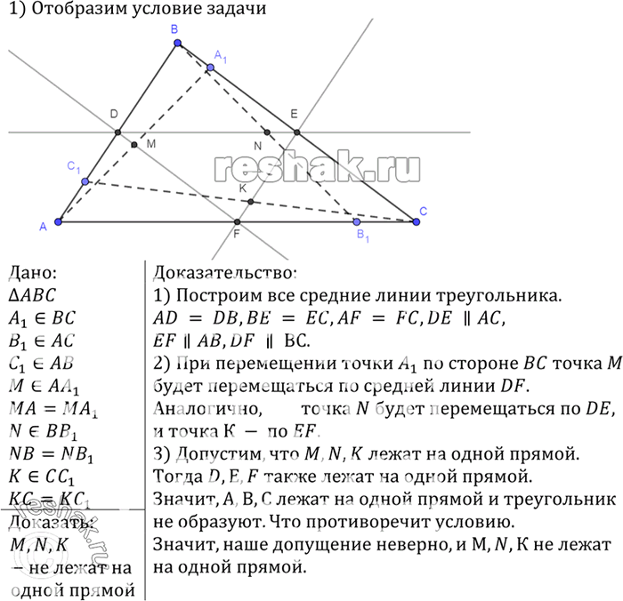 Изображение Отрезки АА1 ВВ1 и СС1 соединяют вершины треугольника ABC с внутренними точками противоположных сторон. Докажите, что середины этих отрезков не лежат на одной...